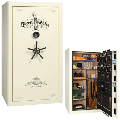 Liberty Safe Presidential 40 in White Marble with Black Chrome hardware with Black Chrome Electronic Lock, closed door.