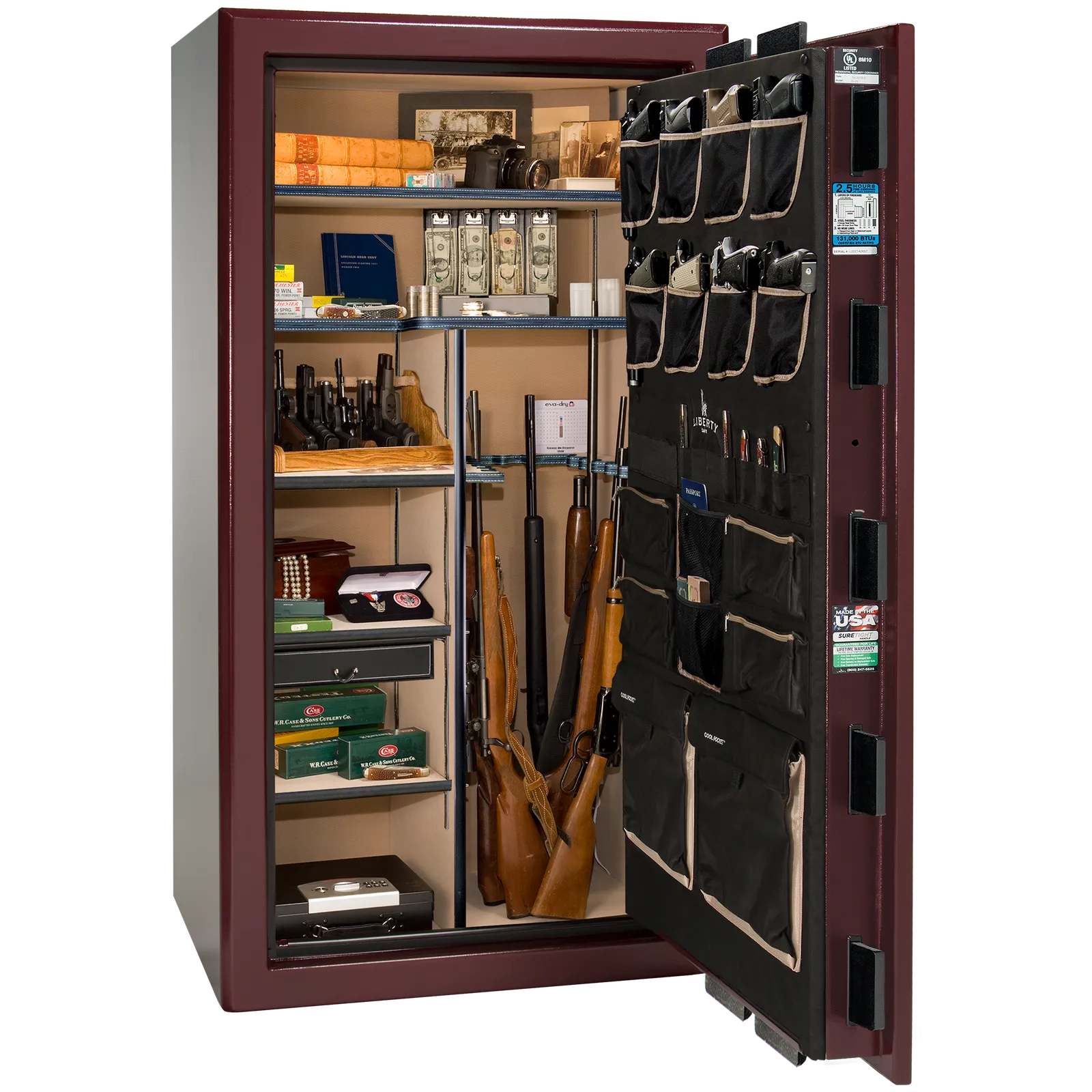 Liberty Safe Presidential 40 in Burgundy Marble with Black Chrome hardware, open door.