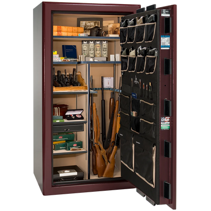 Liberty Safe Presidential 40 in Burgundy Marble with Black Chrome hardware, open door.