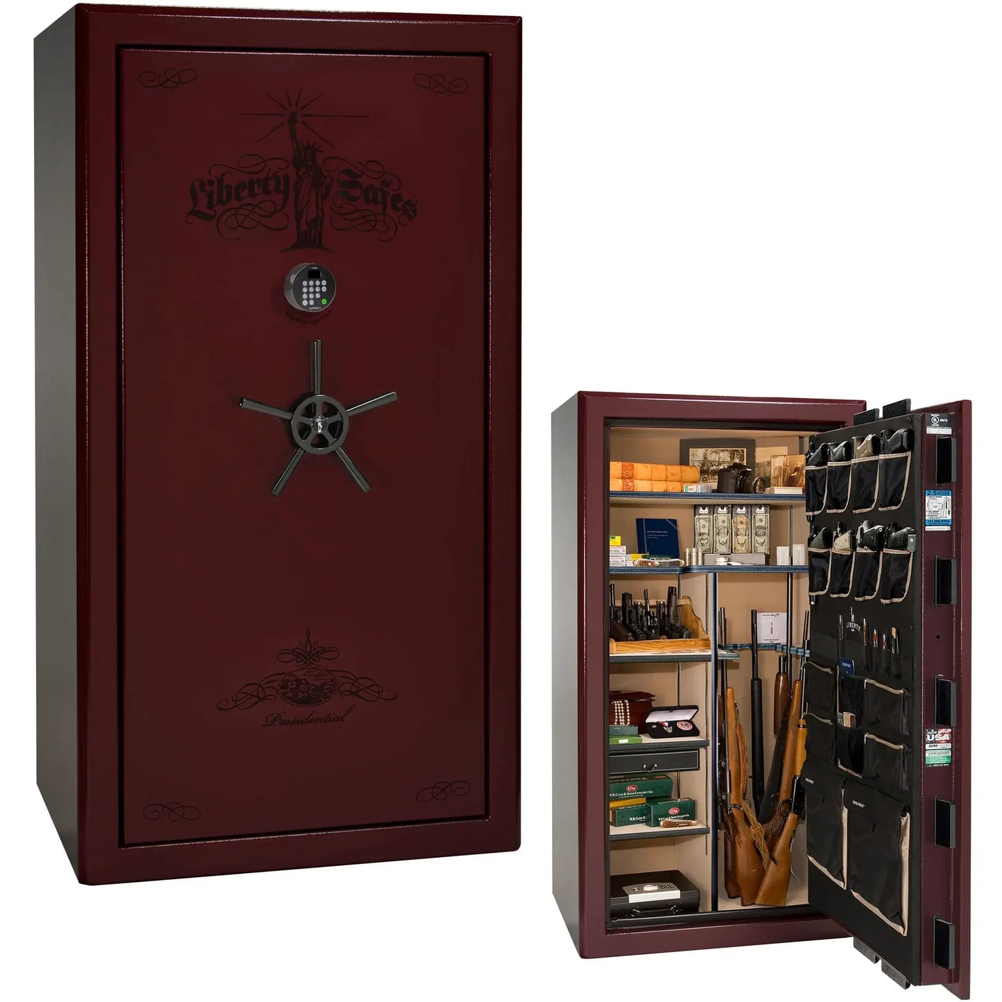 Liberty Safe Presidential 40 in Burgundy Marble with Black Chrome hardware with Black Chrome Electronic Lock, closed door.