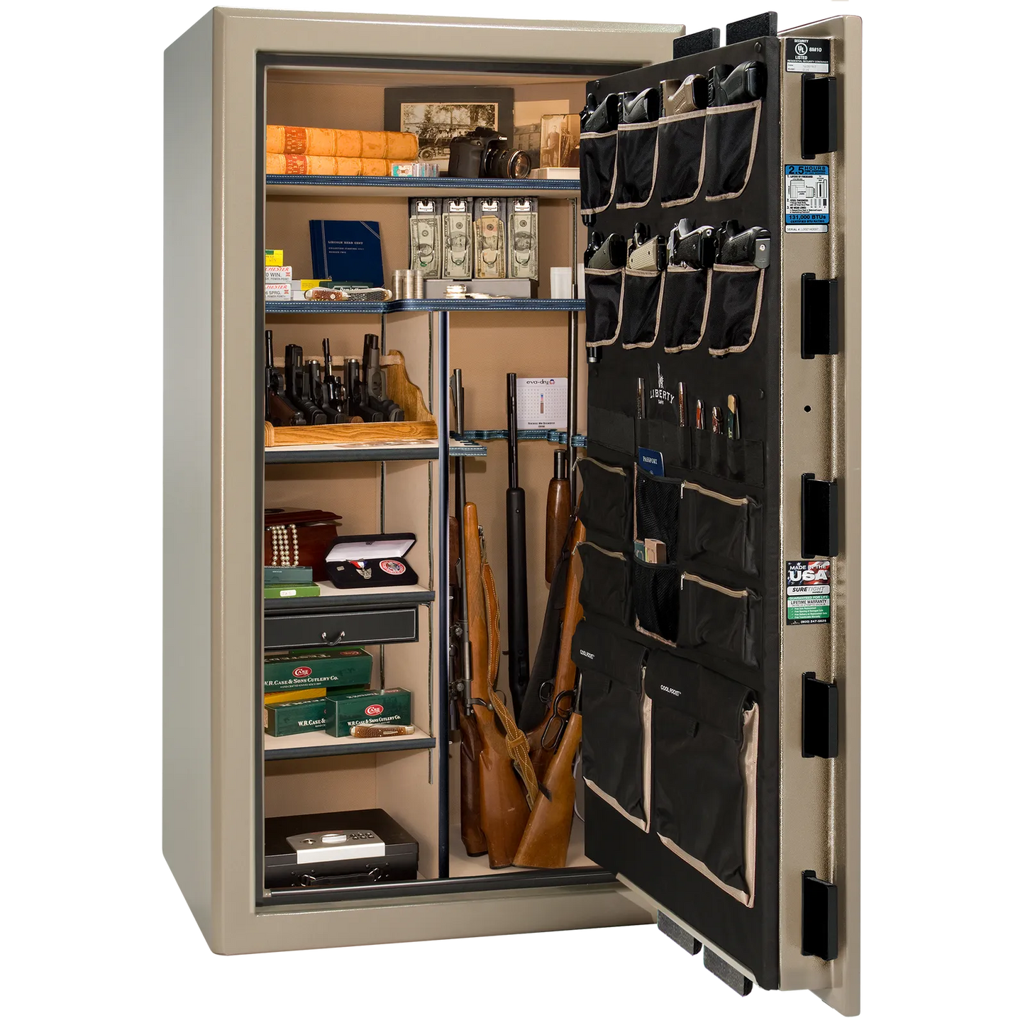 Liberty Safe Presidential 40 in Champagne Marble with Black Chrome hardware, open door.