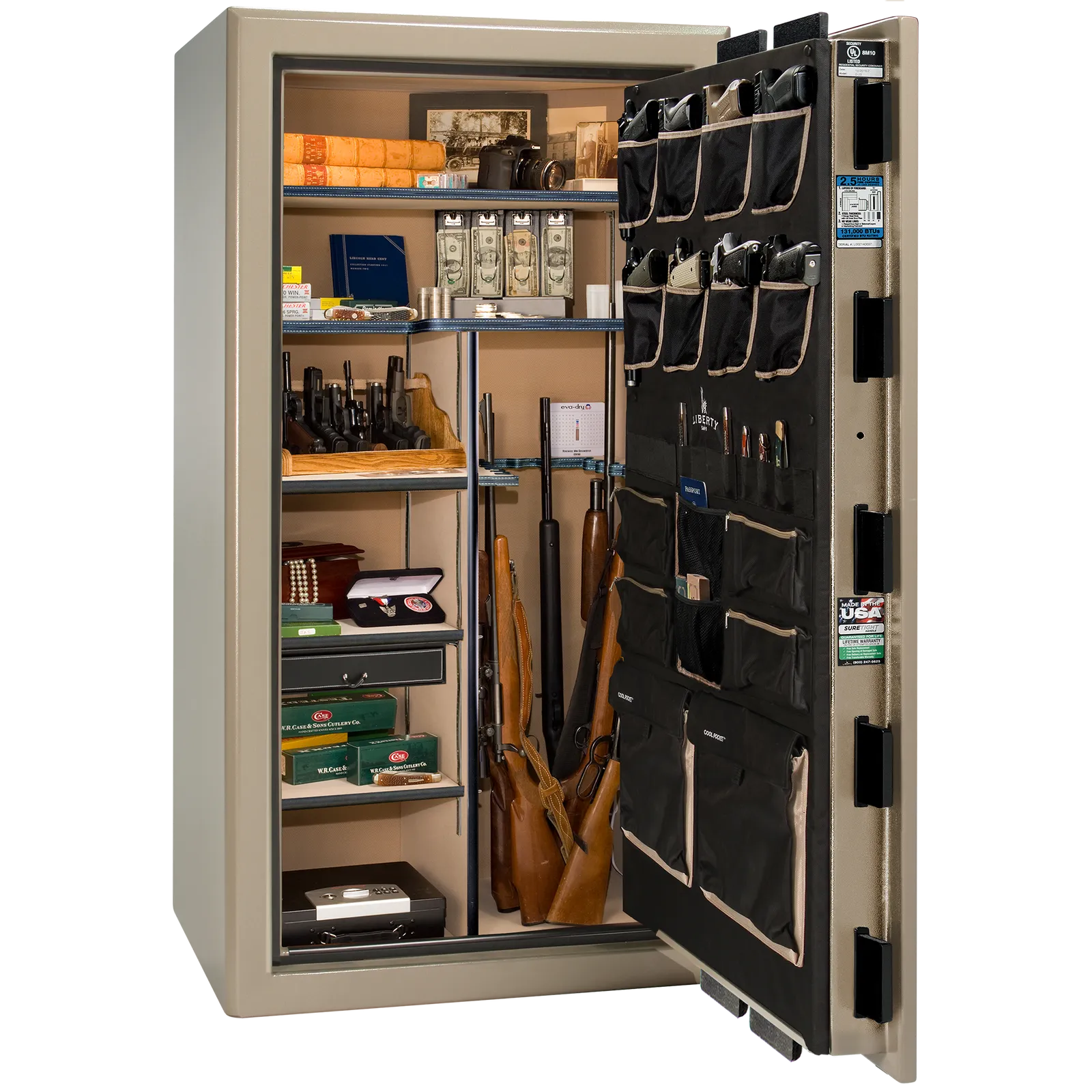 Liberty Safe Presidential 40 in Champagne Marble with Black Chrome hardware, open door.