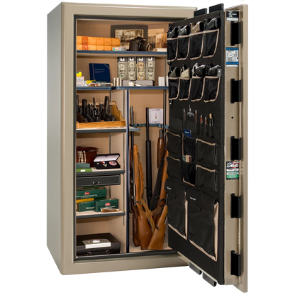Liberty Safe Presidential 40 in Champagne Marble with Black Chrome hardware, open door.