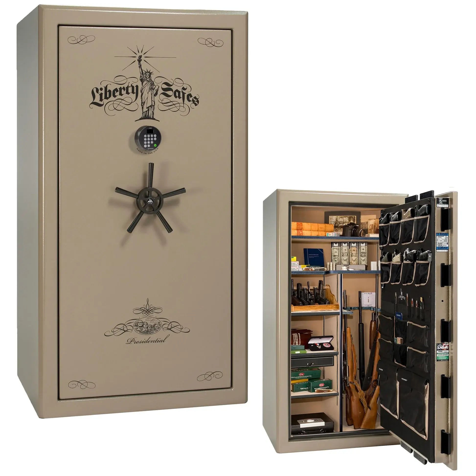 Liberty Safe Presidential 40 in Champagne Marble with Black Chrome hardware with Black Chrome Electronic Lock, closed door.