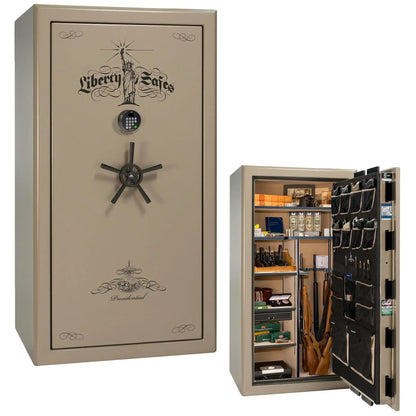 Liberty Safe Presidential 40 in Champagne Marble with Black Chrome hardware with Black Chrome Electronic Lock, closed door.