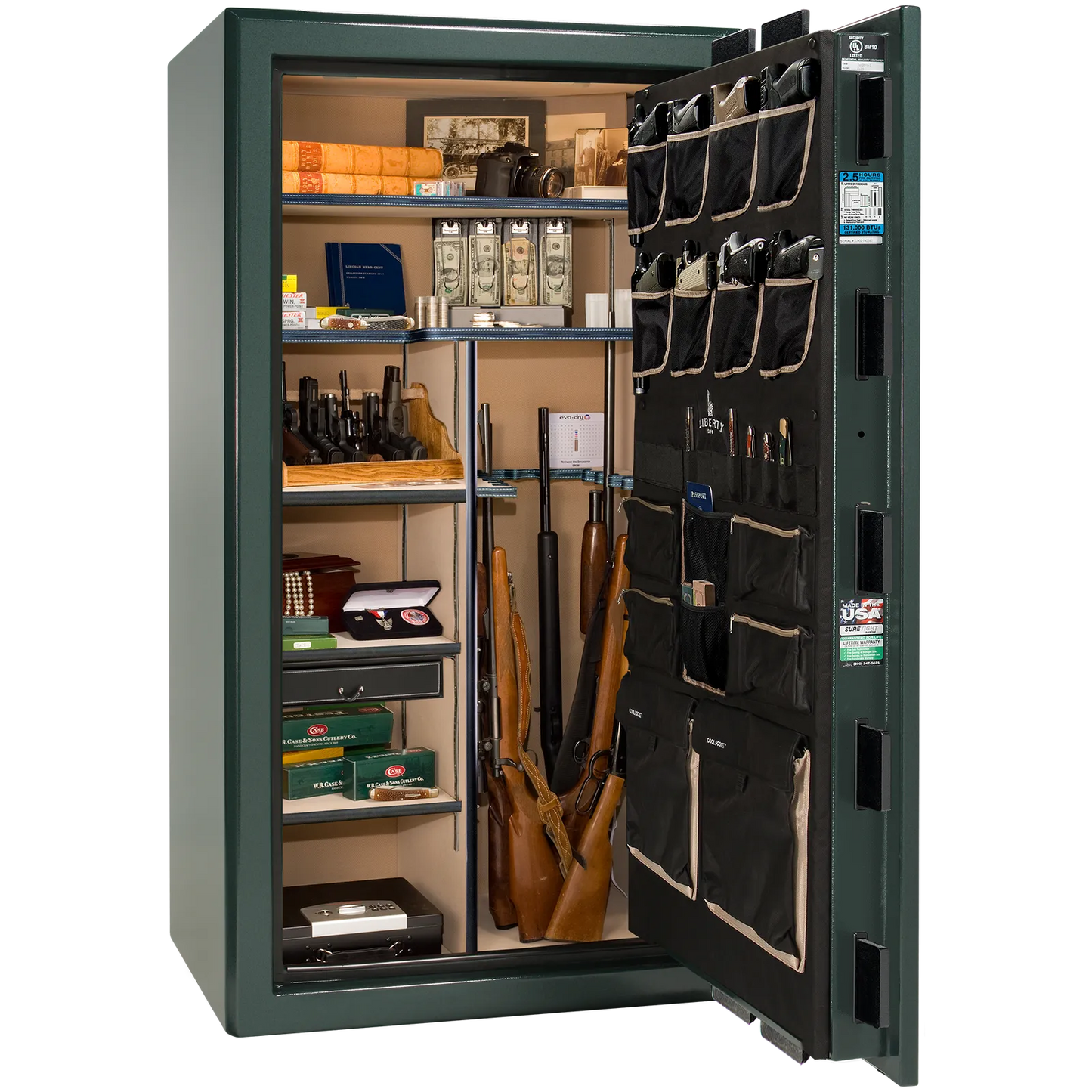 Liberty Safe Presidential 40 in Green Marble with Black Chrome hardware, open door.