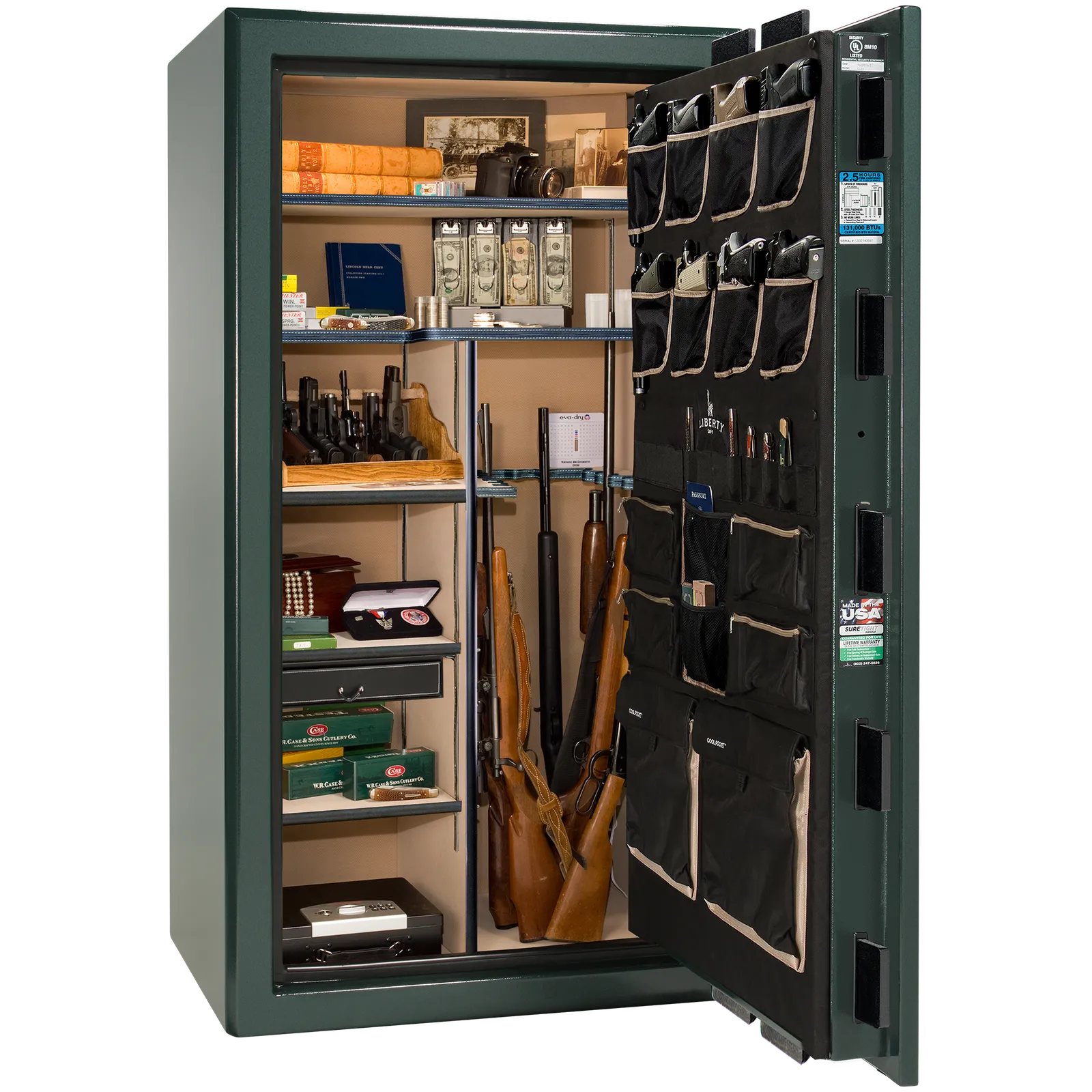 Liberty Safe Presidential 40 in Green Marble with Black Chrome hardware, open door.