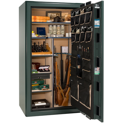 Liberty Safe Presidential 40 in Green Marble with Black Chrome hardware, open door.