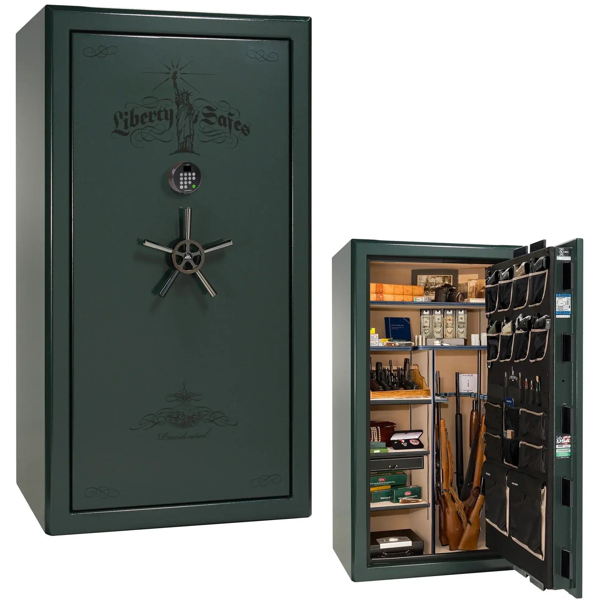 Liberty Safe Presidential 40 in Green Marble with Black Chrome hardware with Black Chrome Electronic Lock, closed door.