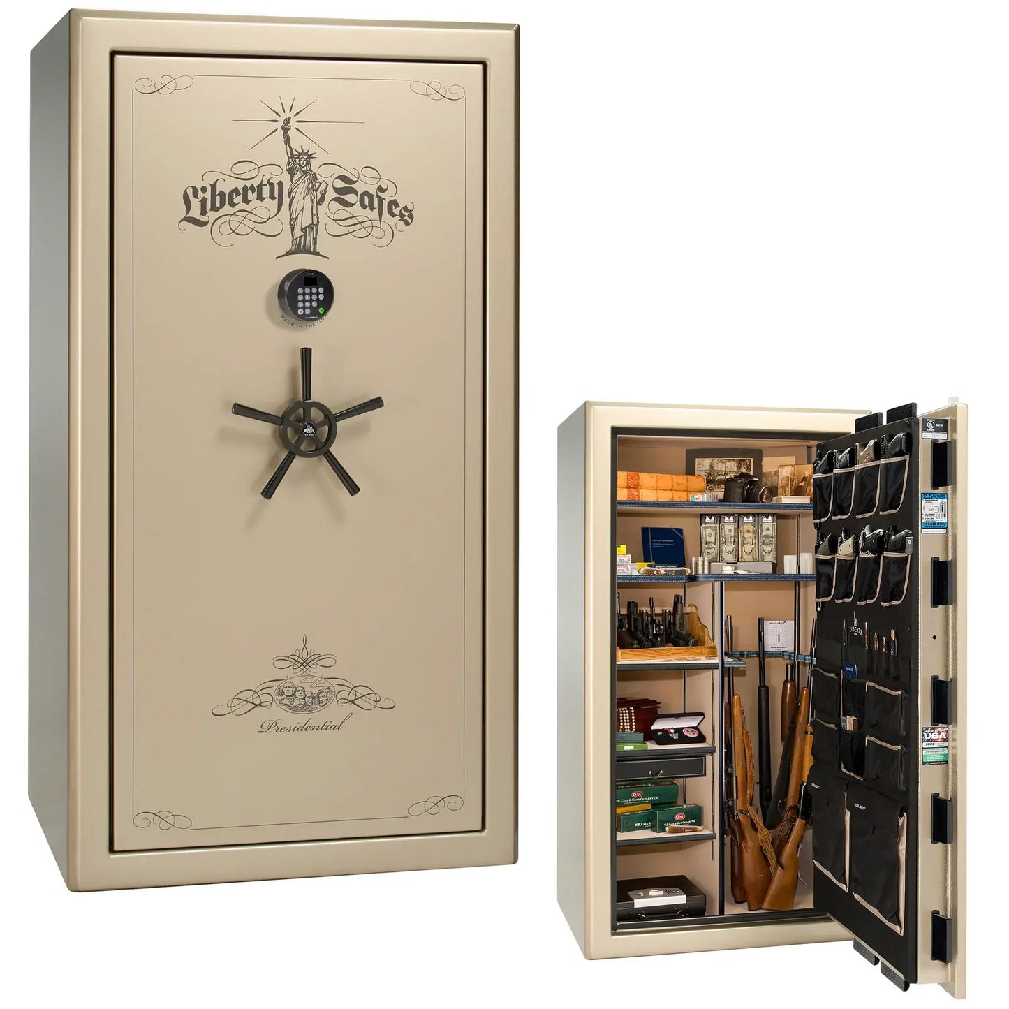 Liberty Safe Presidential 40 in Champagne Gloss with Black Chrome Electronic Lock, closed door.