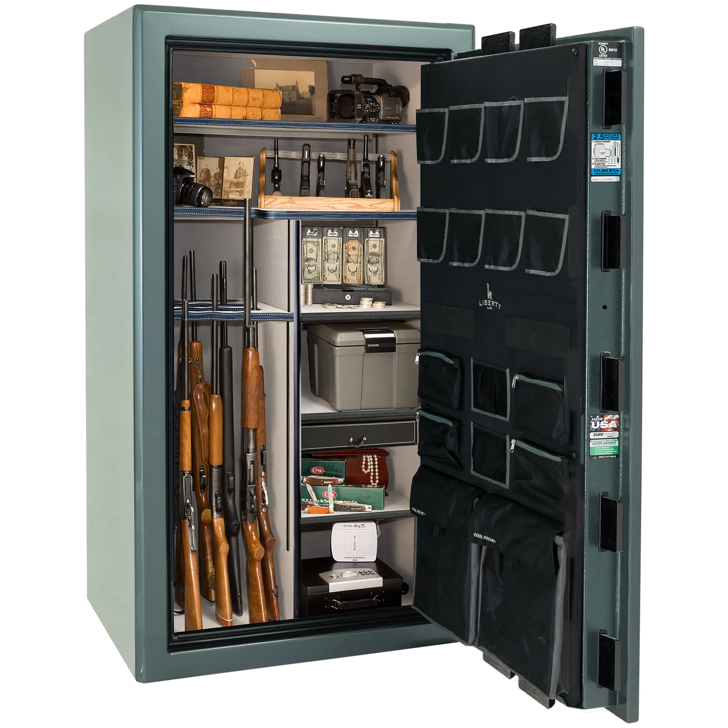 Liberty Safe Presidential 40 in Forest Mist Gloss, open door.