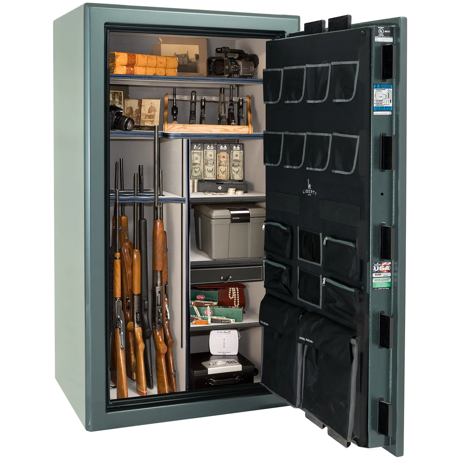 Liberty Safe Presidential 40 in Forest Mist Gloss, open door.