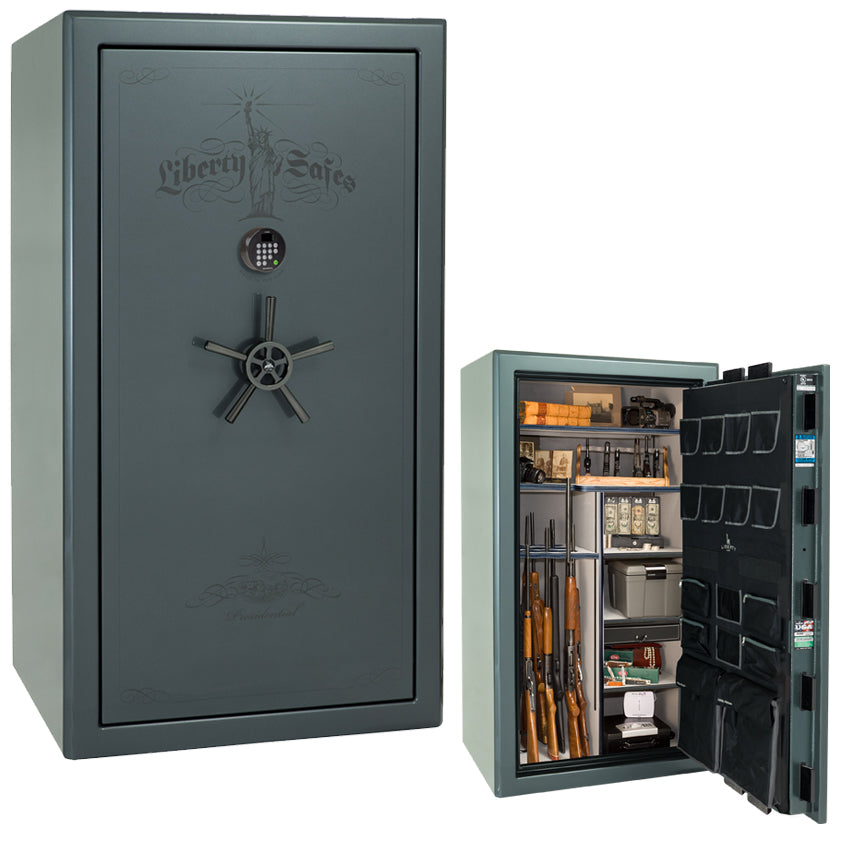 Liberty Safe Presidential 40 in Forest Mist Gloss with Black Chrome Electronic Lock, closed door.