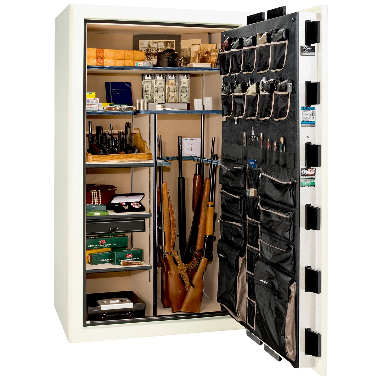 Liberty Safe Presidential 50 in White Gloss with Black Chrome Electronic Lock, closed door.