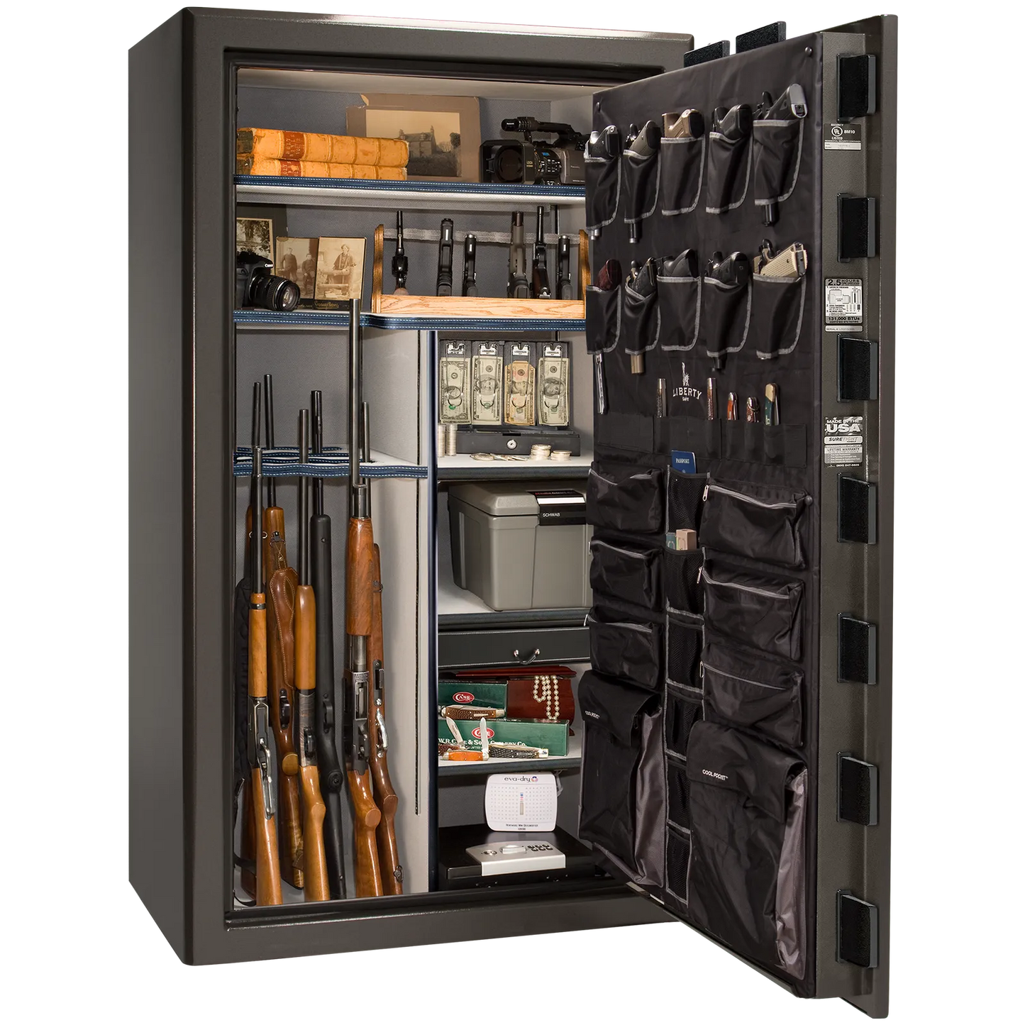 Liberty Safe Presidential 50 in Gray Charcoal Gloss with Black Chrome Electronic Lock, closed door.