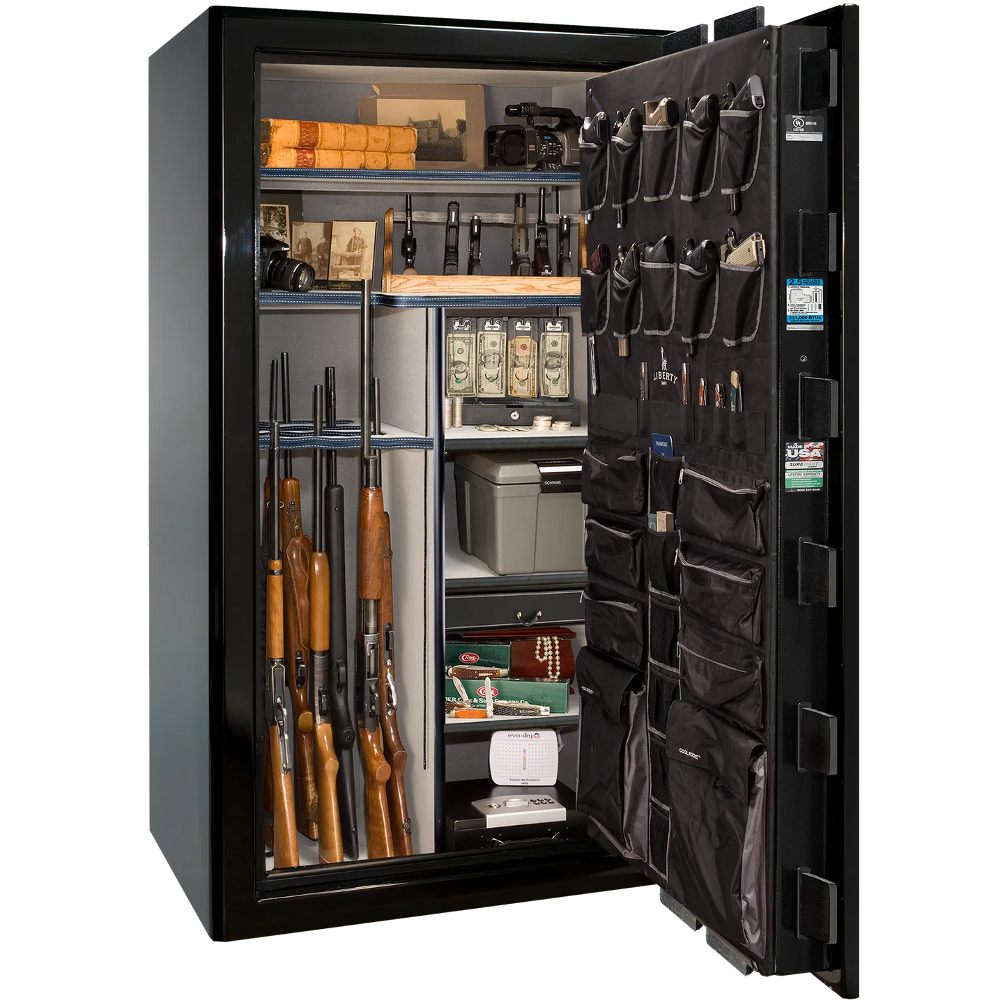 Liberty Safe Presidential 50 in Black Mirror Gloss with Black Chrome Electronic Lock, closed door.