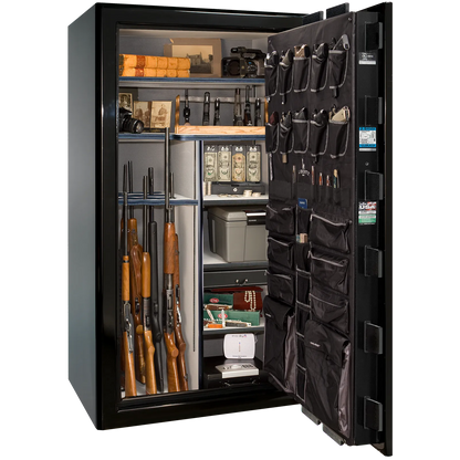 Liberty Safe Presidential 50 in Black Mirror Gloss with Black Chrome Electronic Lock, closed door.