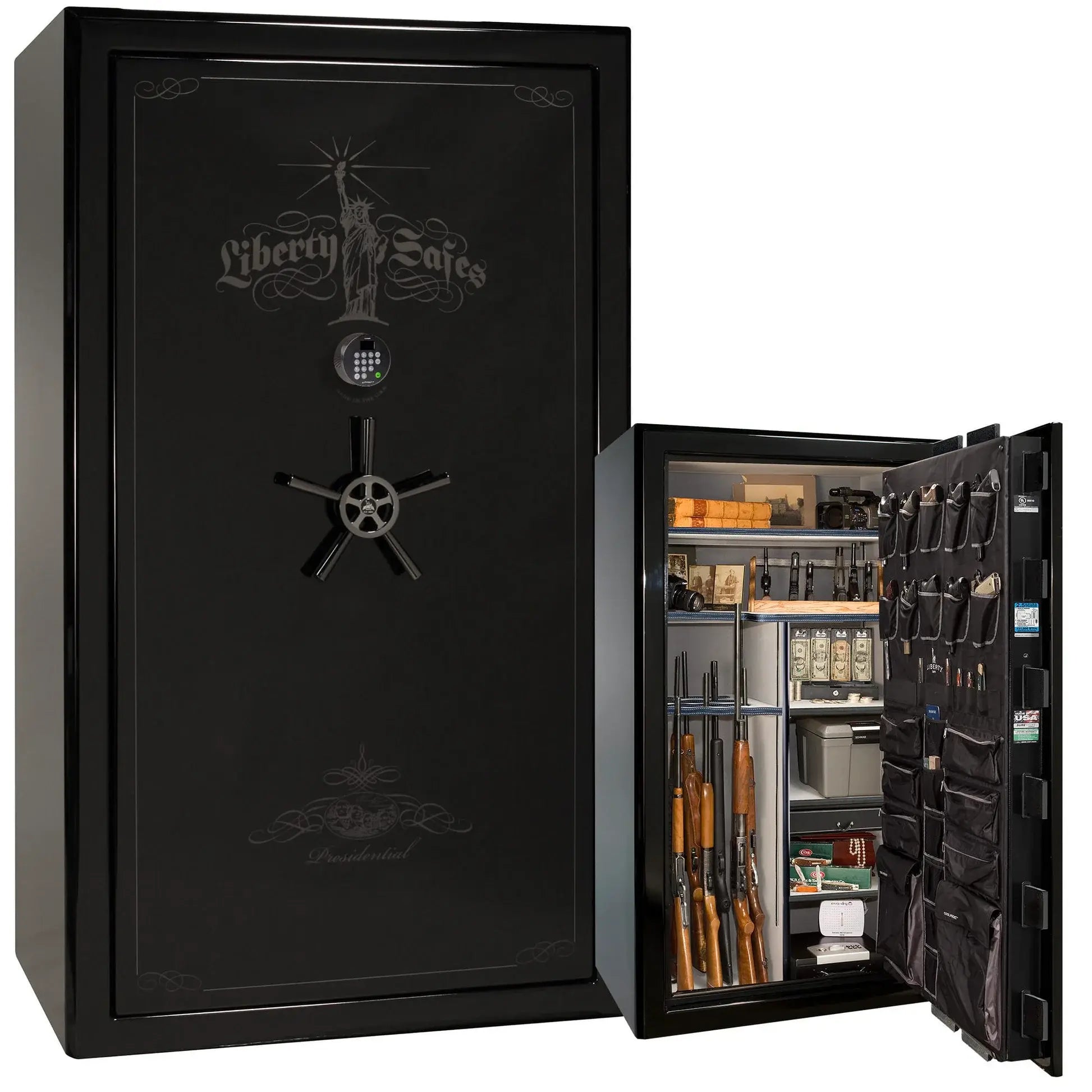 Liberty Safe Presidential 50 in Gray Charcoal Gloss, open door.