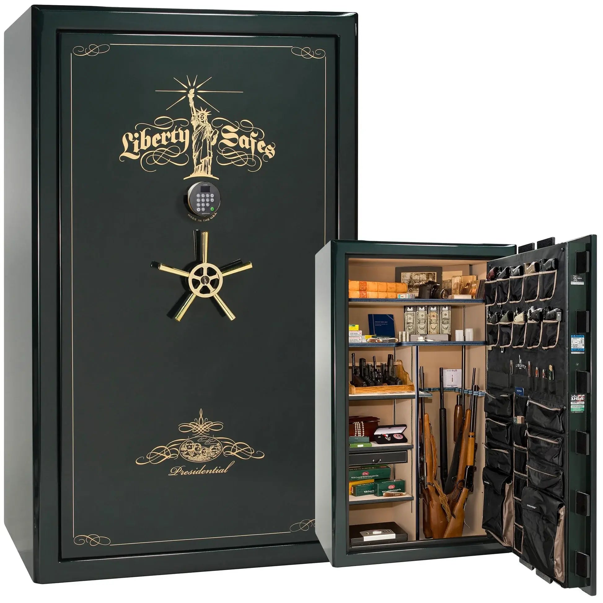 Liberty Safe Presidential 50 in Emerald Green with Gold Electronic Lock, closed door.