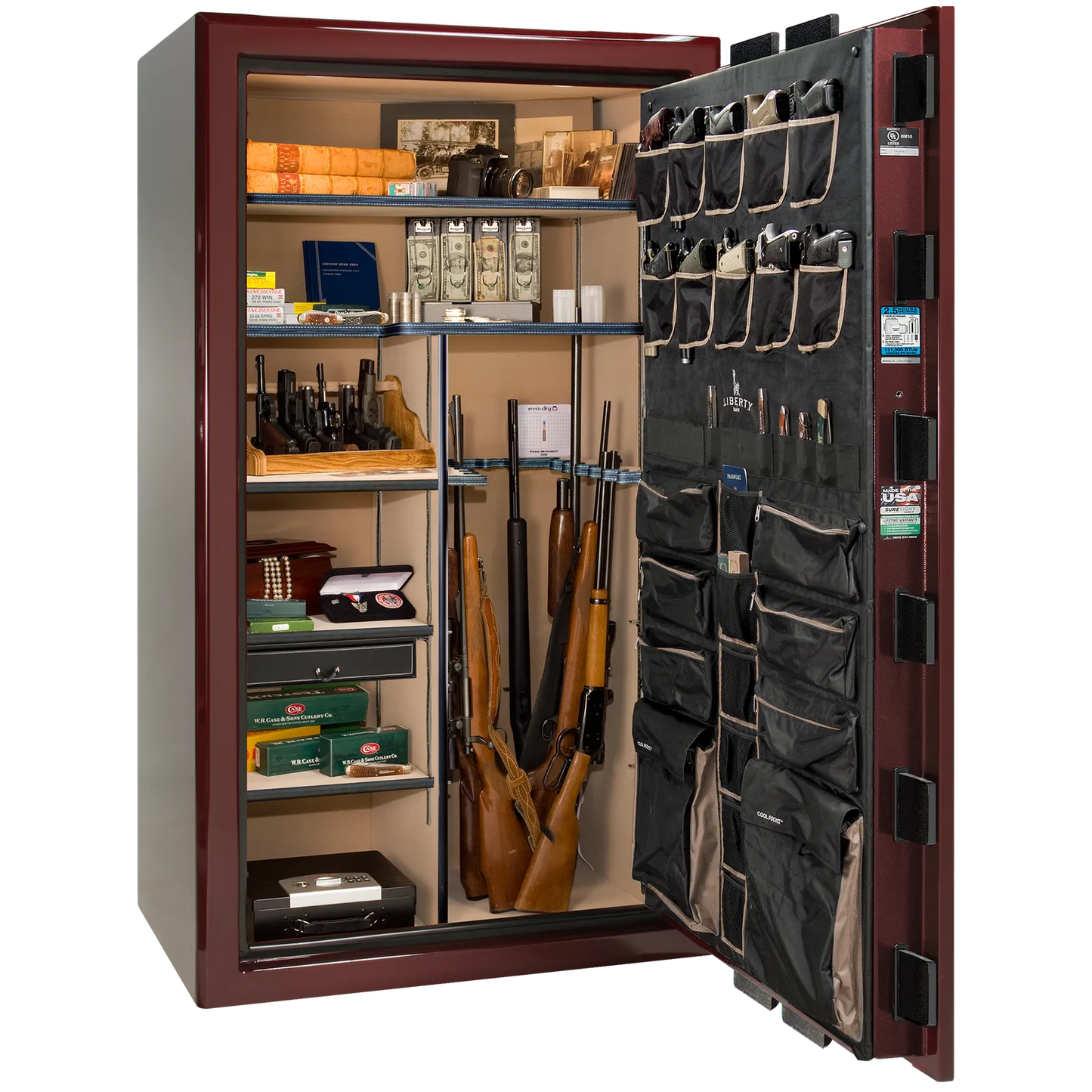 Liberty Safe Presidential 50 in Burgundy Gloss, open door.