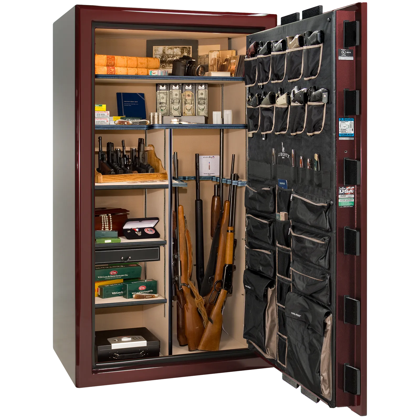 Liberty Safe Presidential 50 in Burgundy Gloss, open door.