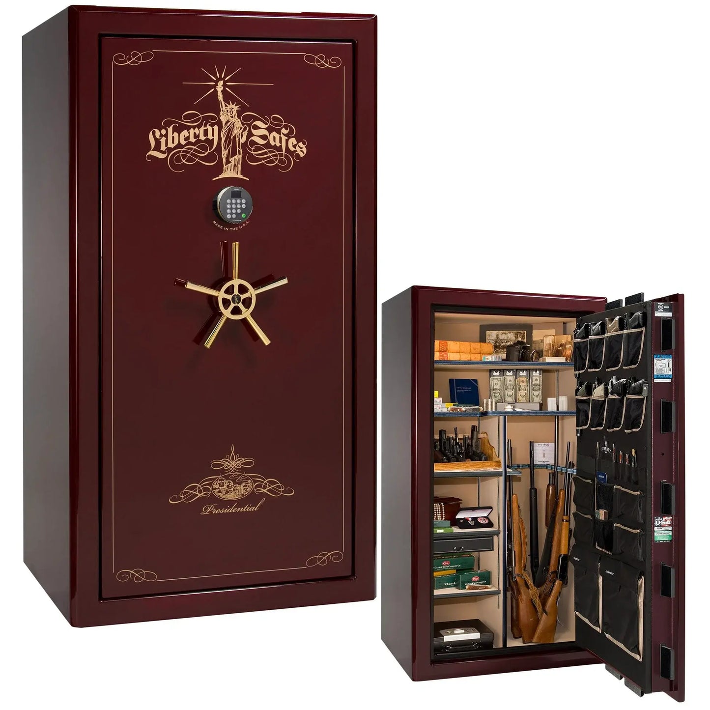 Liberty Safe Presidential 50 in Burgundy Gloss with Gold Electronic Lock, closed door.