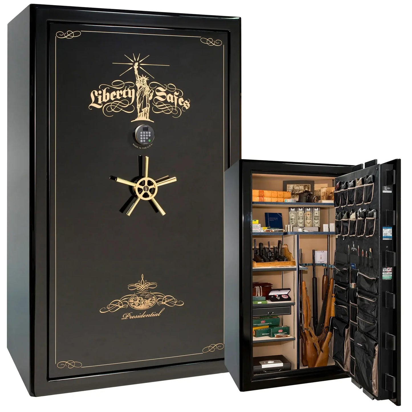 Liberty Safe Presidential 50 in Black Mirror Gloss with Gold Electronic Lock, closed door.