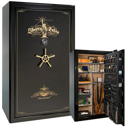 Liberty Safe Presidential 50 in Black Mirror Gloss with Gold Electronic Lock, closed door.