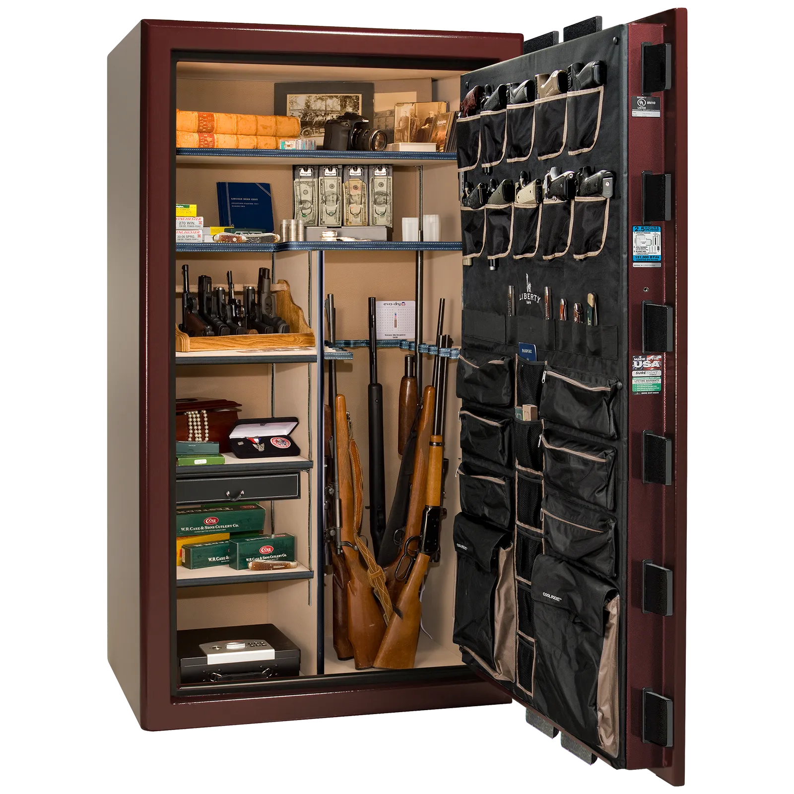 Liberty Safe Presidential 50 in Burgundy Marble, open door.