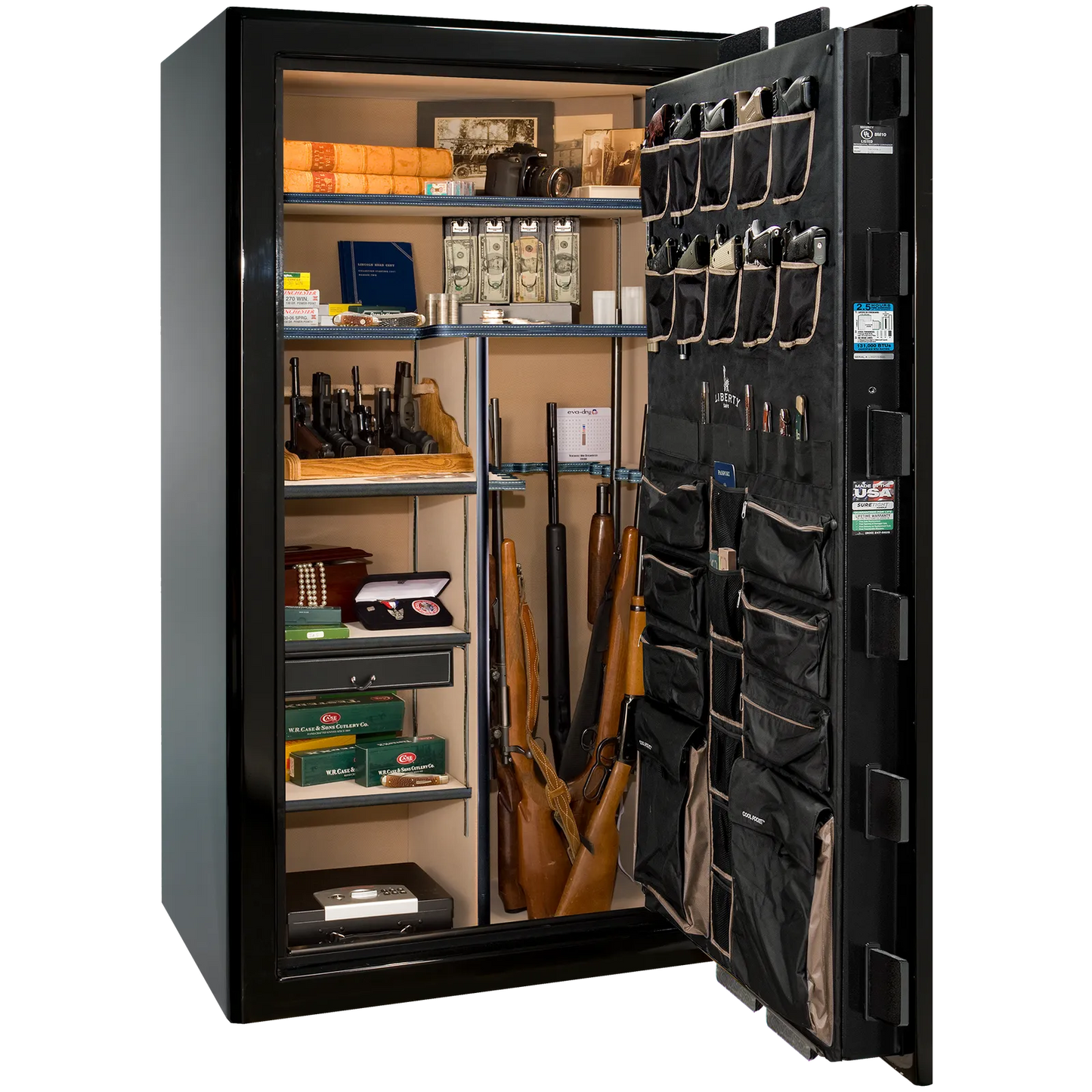 Liberty Safe Presidential 50 in Black Mirror Gloss, open door.