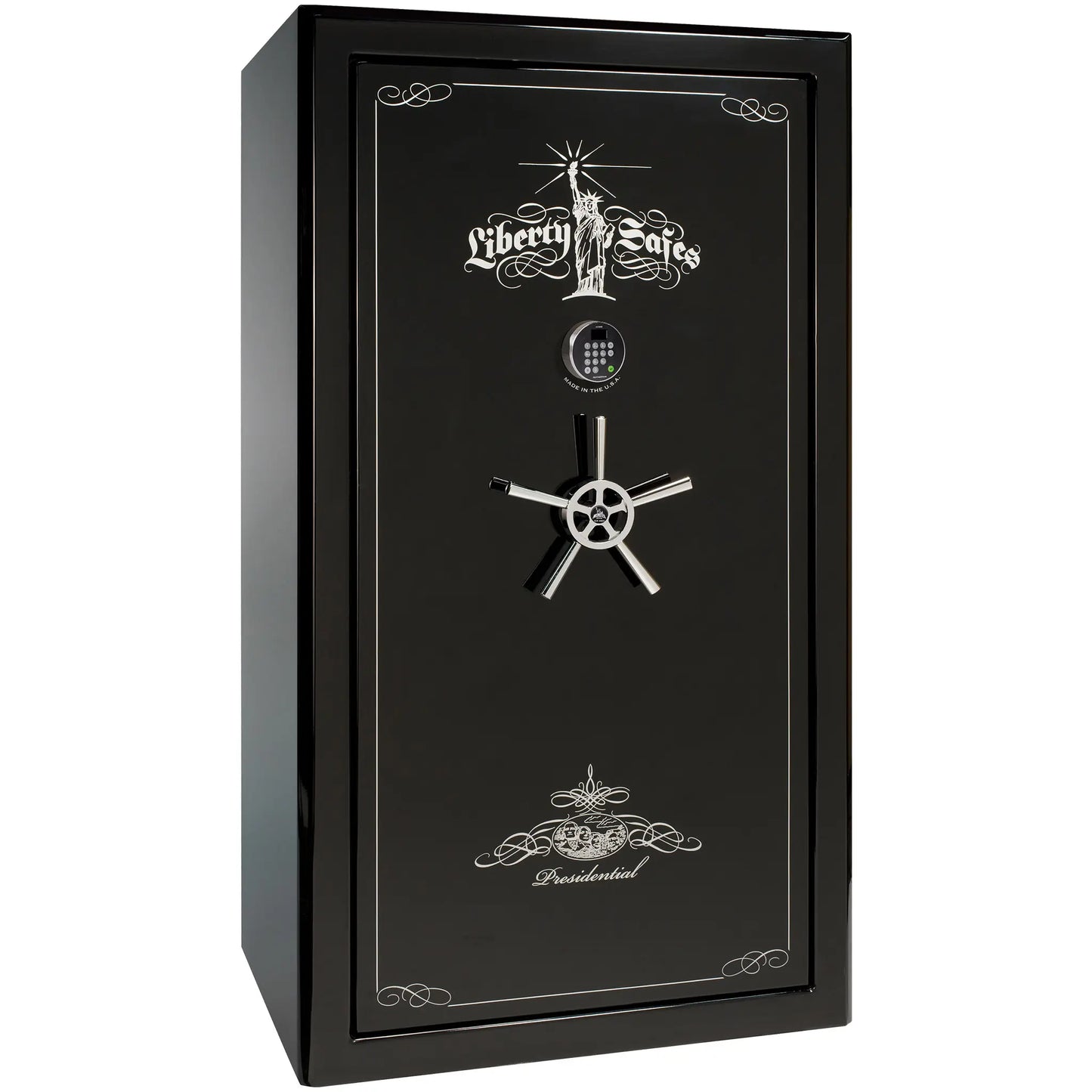 Liberty Safe Presidential 50 in Black Mirror Gloss with Chrome Electronic Lock, closed door.