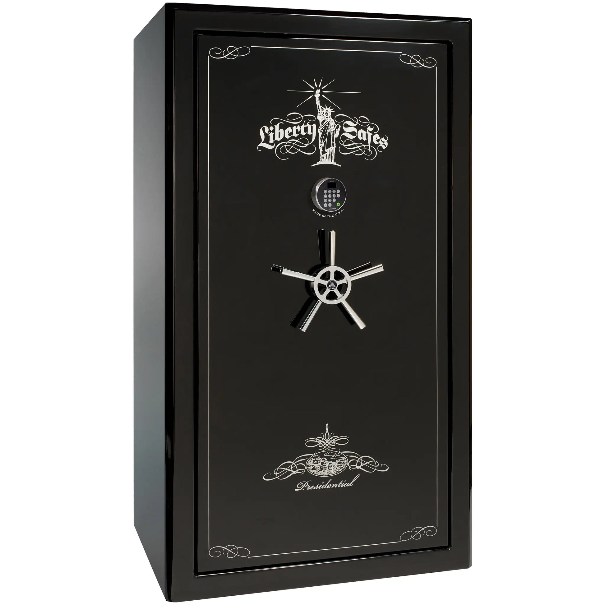 Liberty Safe Presidential 50 in Black Mirror Gloss with Chrome Electronic Lock, closed door.
