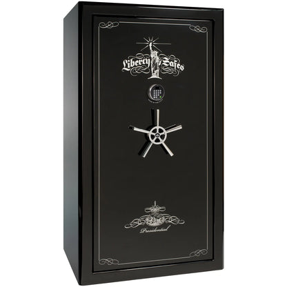 Liberty Safe Presidential 50 in Black Mirror Gloss with Chrome Electronic Lock, closed door.