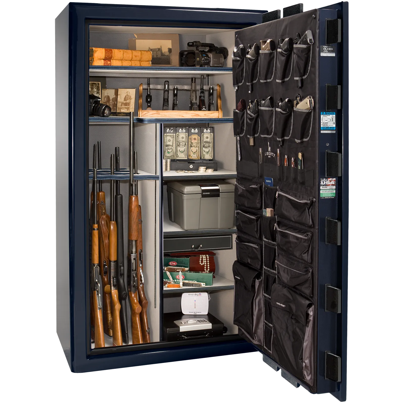 Liberty Safe Presidential 50 in Blue Gloss, open door.