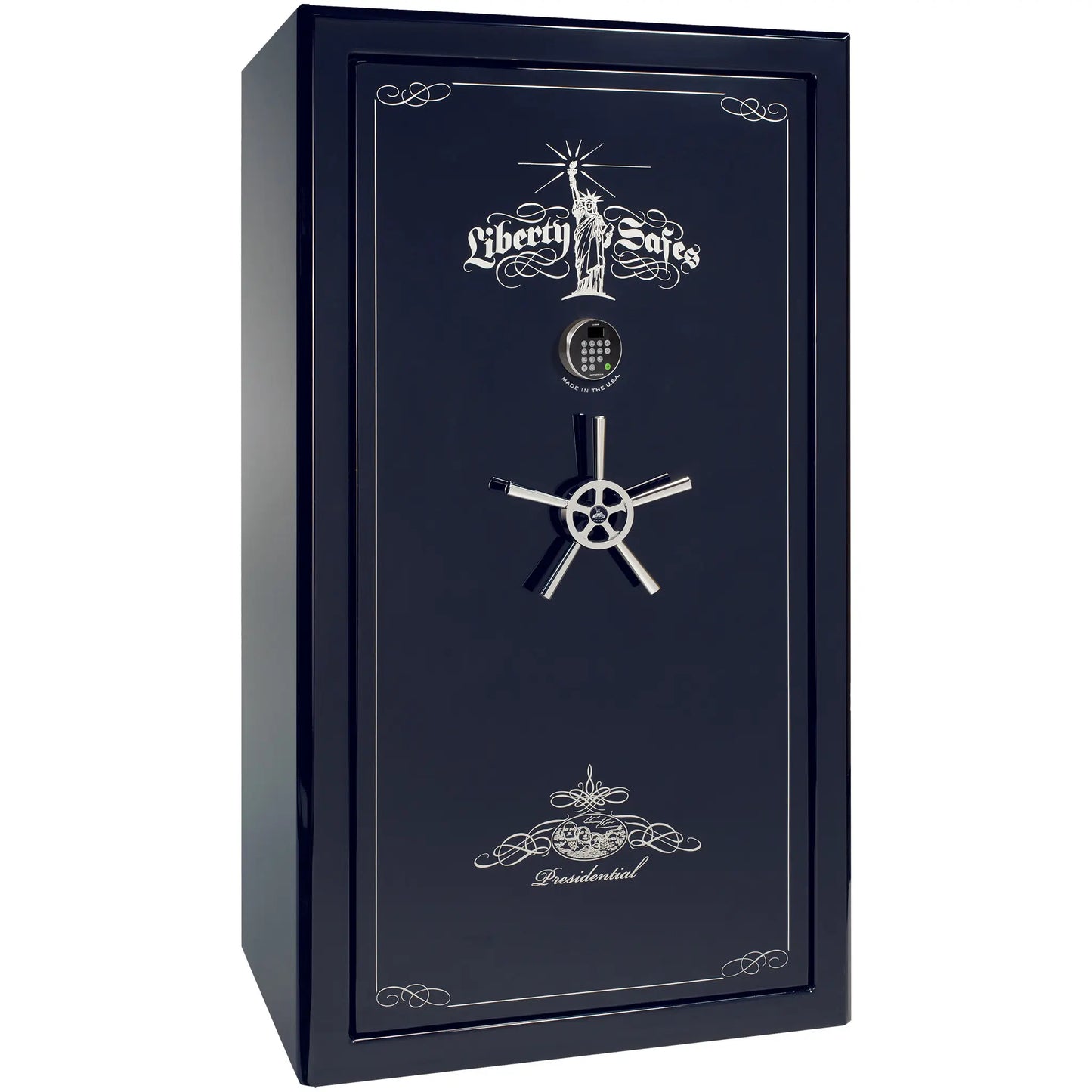Liberty Safe Presidential 50 in Blue Gloss with Chrome Electronic Lock, closed door.