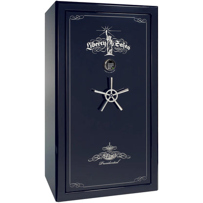 Liberty Safe Presidential 50 in Blue Gloss with Chrome Electronic Lock, closed door.