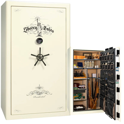 Liberty Safe Presidential 50 in Gray Marble with Black Chrome hardware, open door.