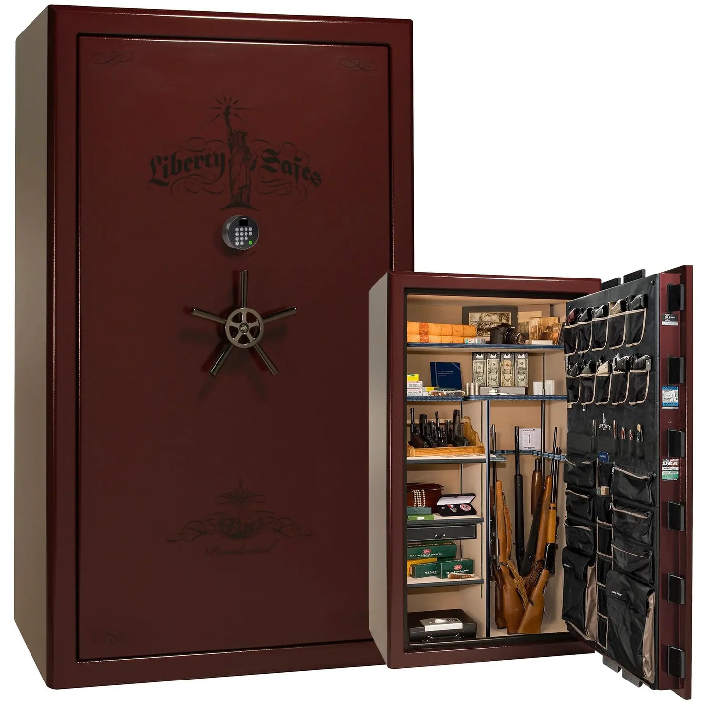 Liberty Safe Presidential 50 in White Marble with Black Chrome hardware, open door.