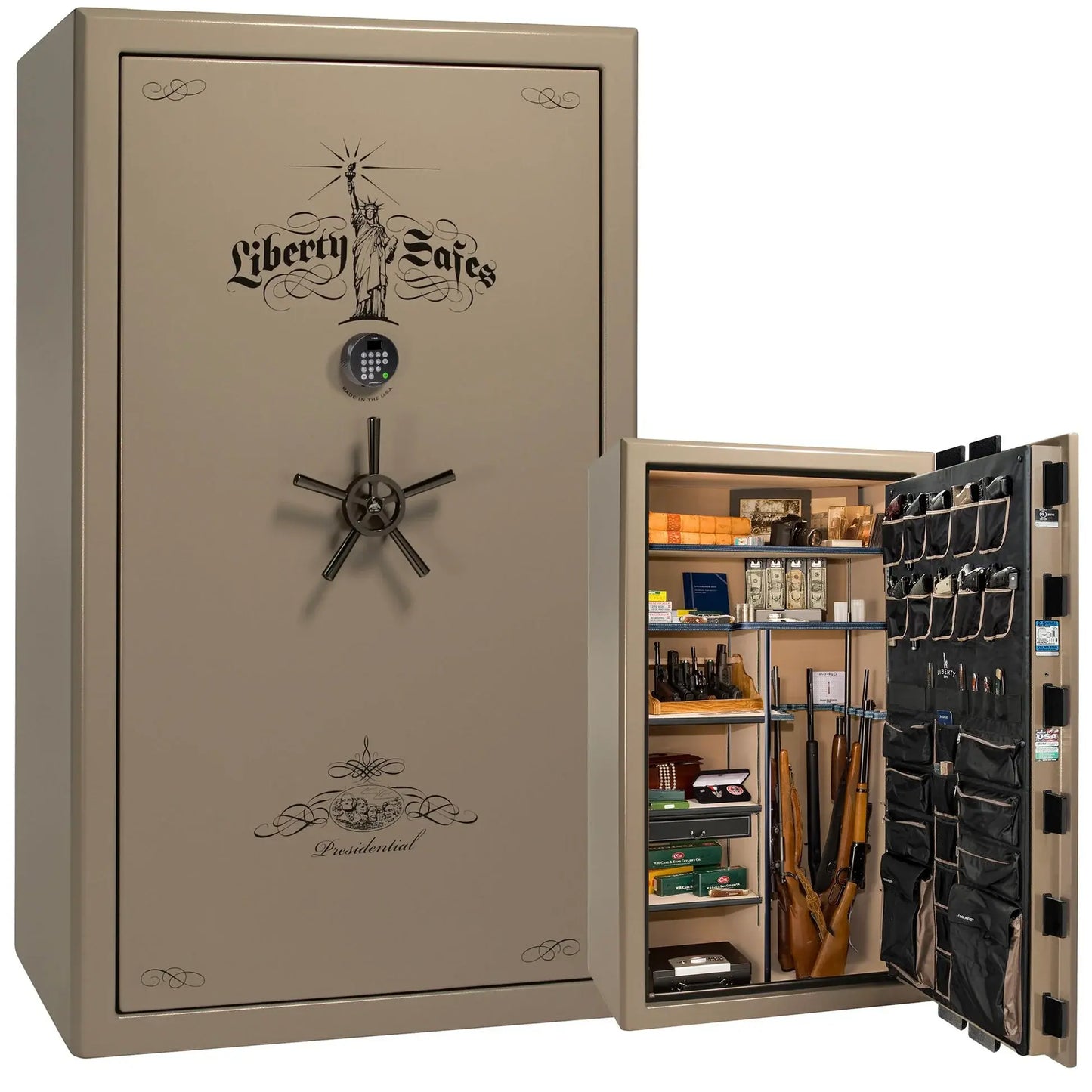 Liberty Safe Presidential 50 in Burgundy Marble with Black Chrome hardware, open door.