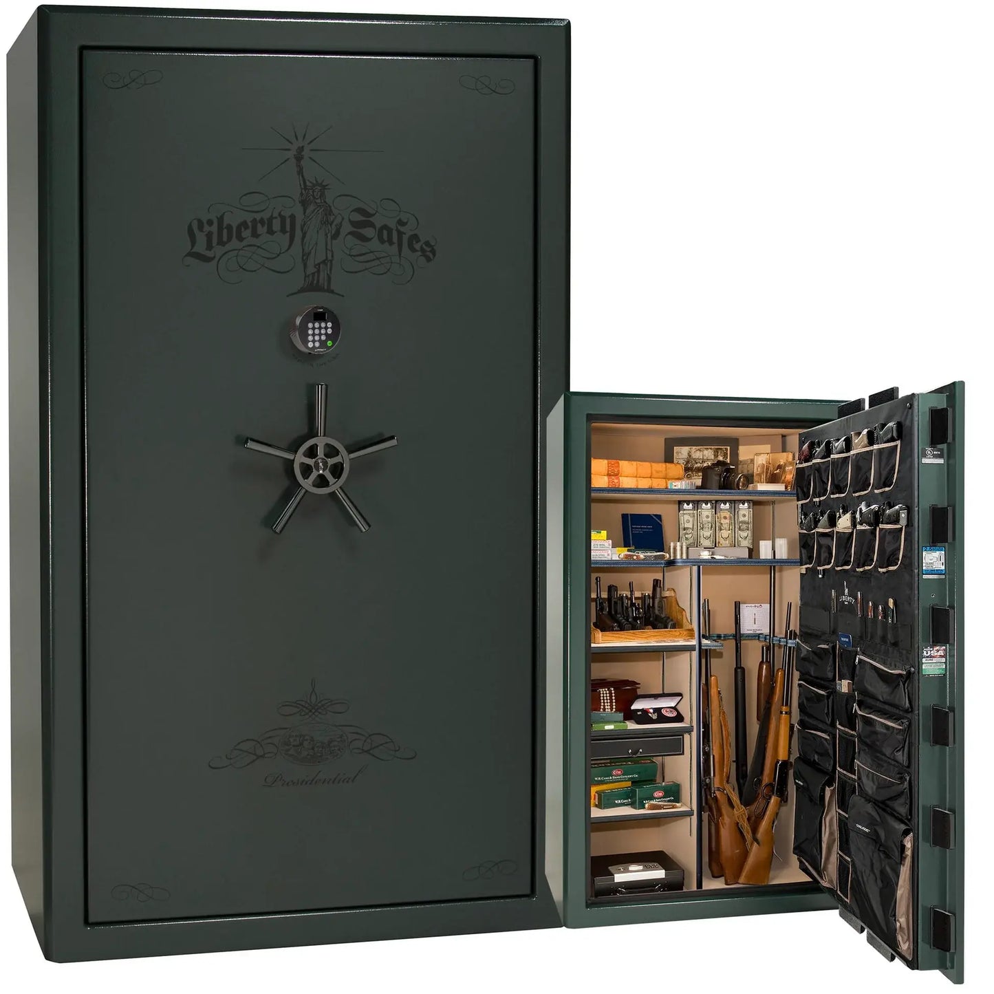 Liberty Safe Presidential 50 in Champagne Marble with Black Chrome hardware, open door.