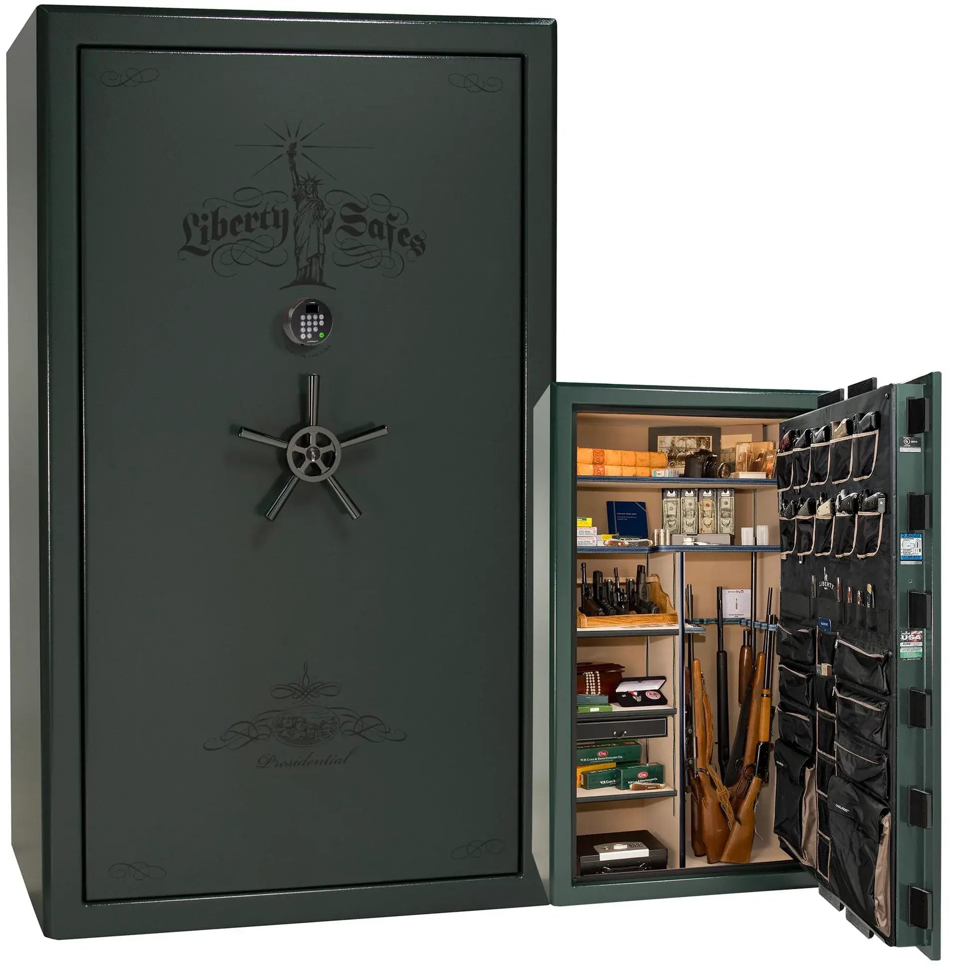 Liberty Safe Presidential 50 in Champagne Marble with Black Chrome hardware, open door.