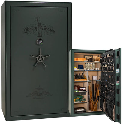 Liberty Safe Presidential 50 in Champagne Marble with Black Chrome hardware, open door.