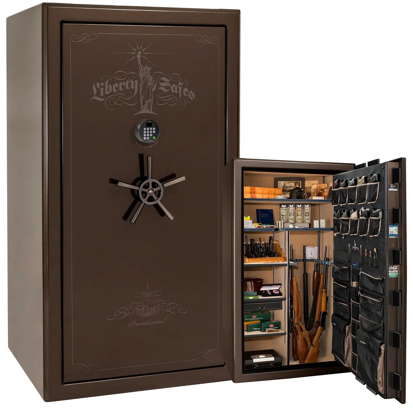 Liberty Safe Presidential 50 in Green Marble with Black Chrome hardware, open door.