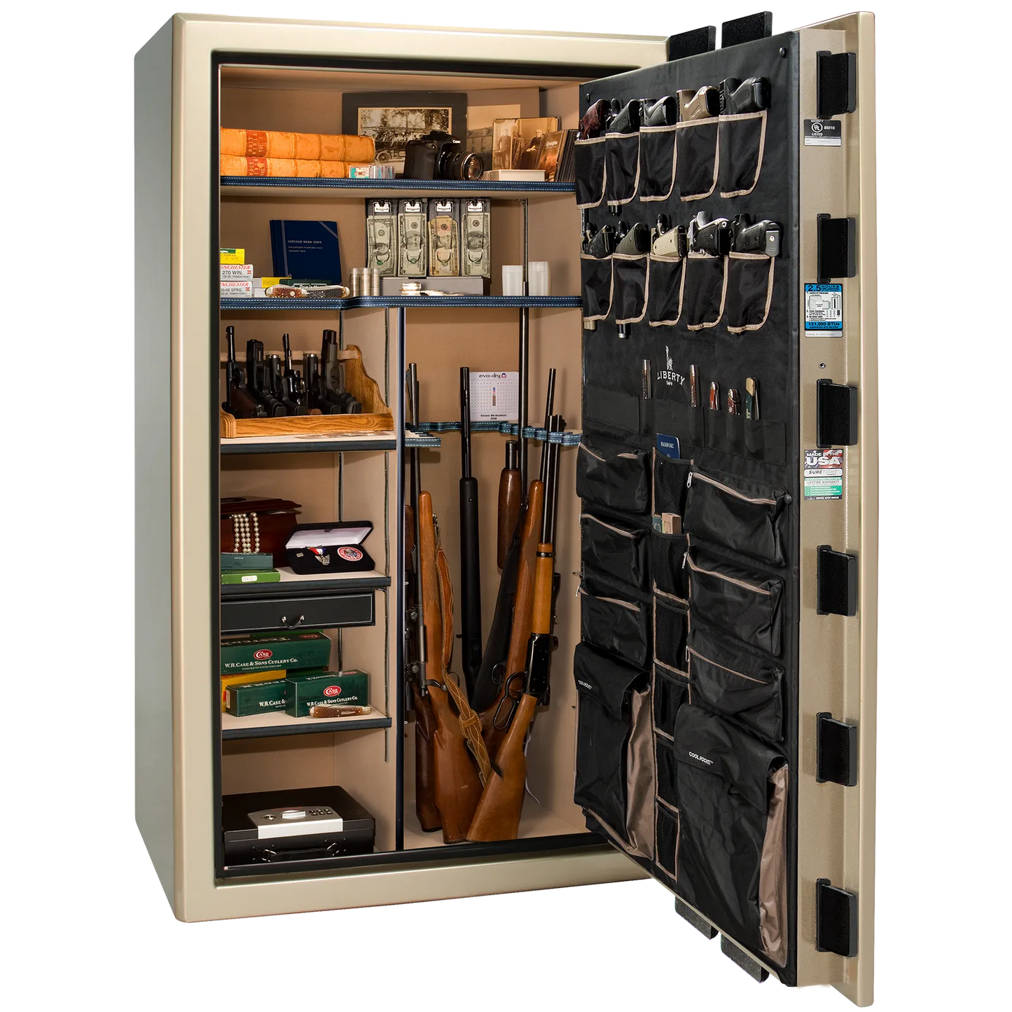 Liberty Safe Presidential 50 in Champagne Gloss with Black Chrome Electronic Lock, closed door.