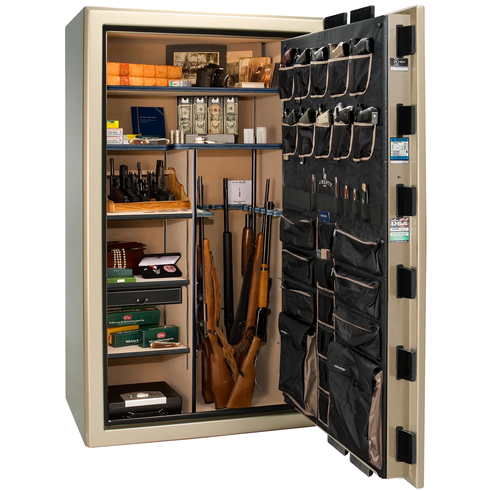 Liberty Safe Presidential 50 in Champagne Gloss with Black Chrome Electronic Lock, closed door.