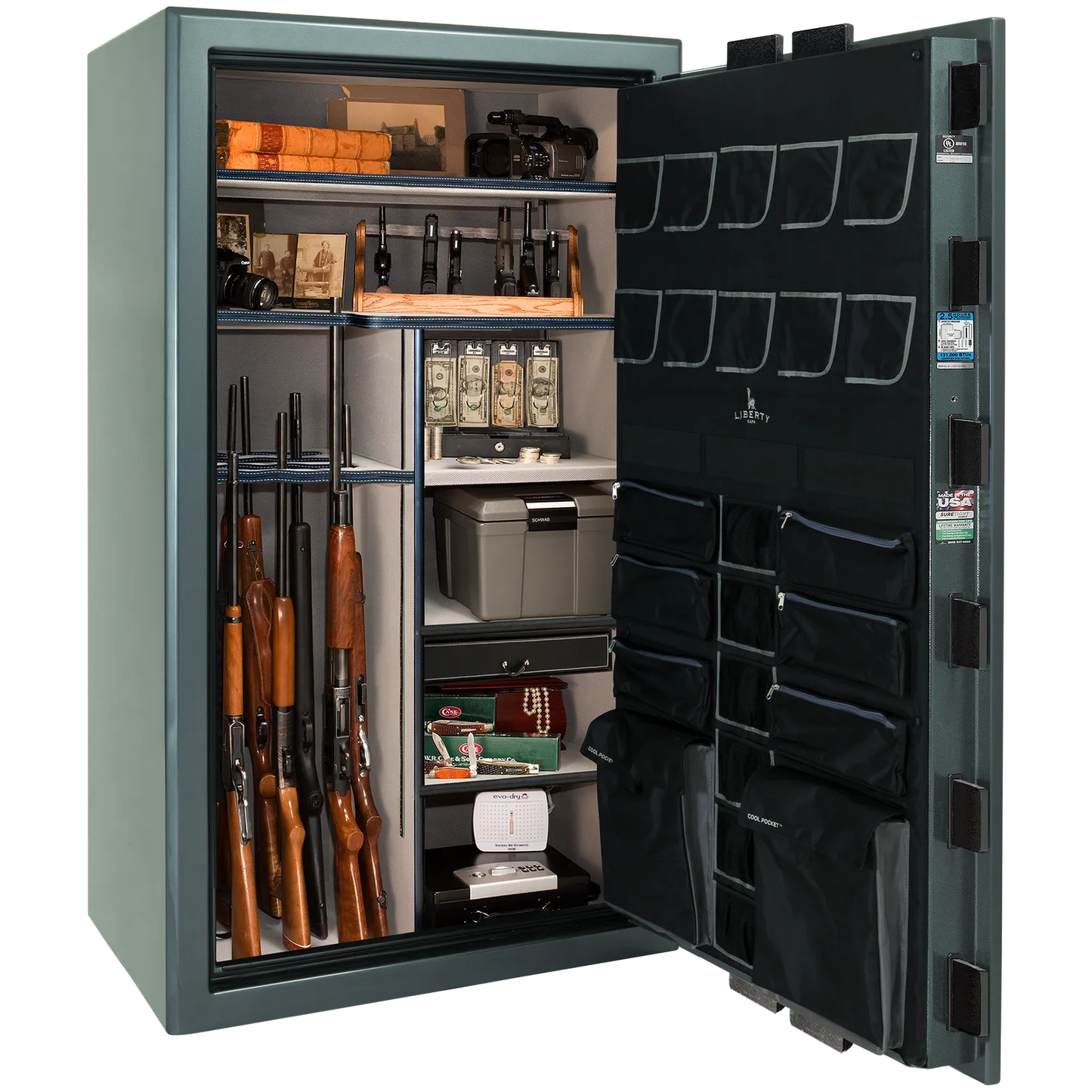 Liberty Safe Presidential 50 in Forest Mist Gloss with Black Chrome Electronic Lock, closed door.