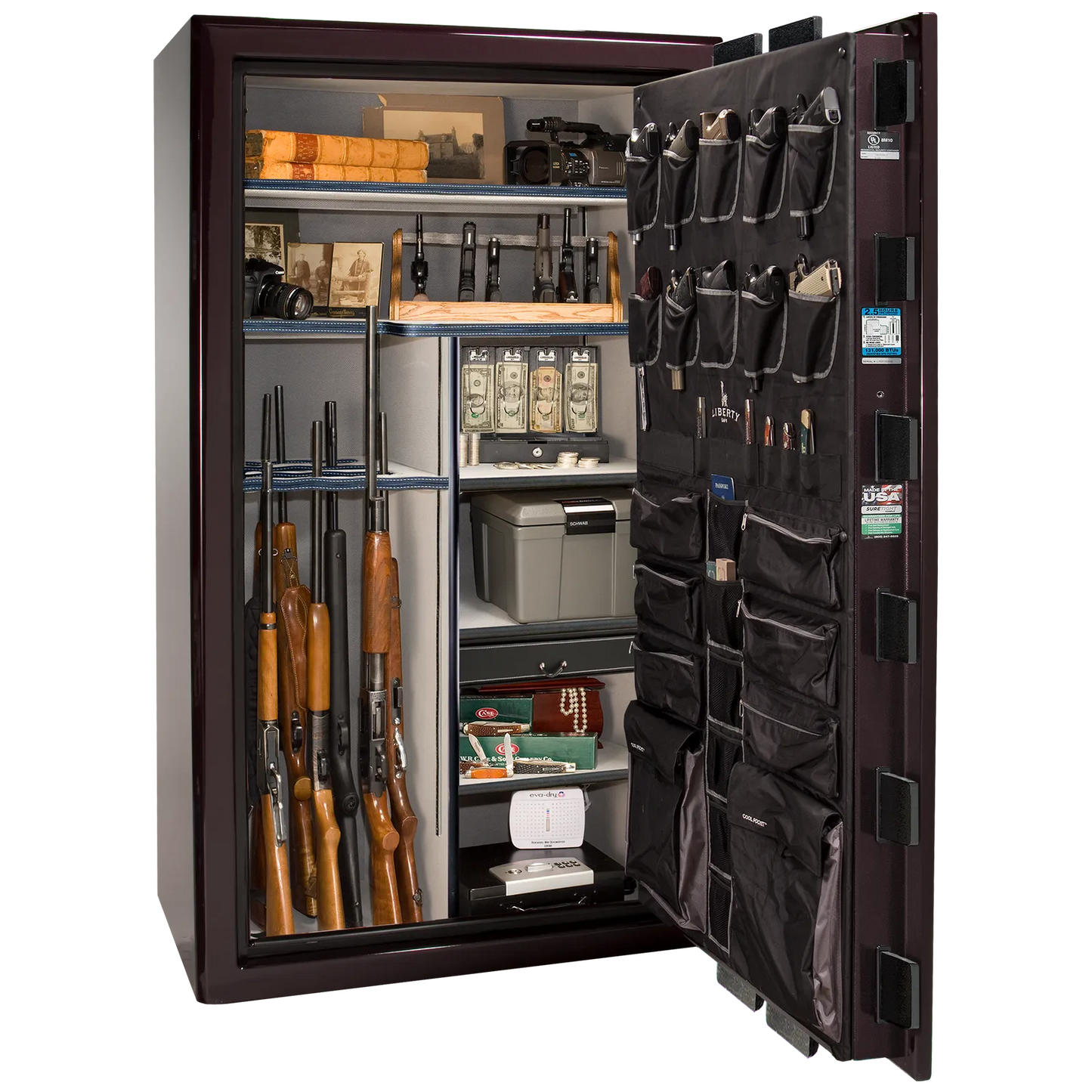 Liberty Safe Presidential 50 in Black Cherry Gloss with Black Chrome Electronic Lock, closed door.
