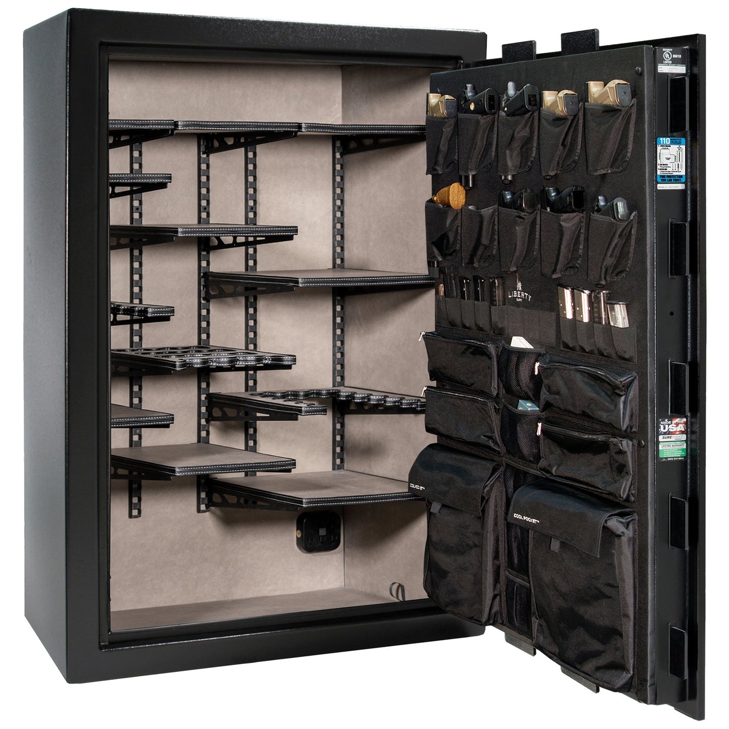 Liberty Safe Franklin 45 Widebody in Textured Black  — interior with ProFlex shelving system.