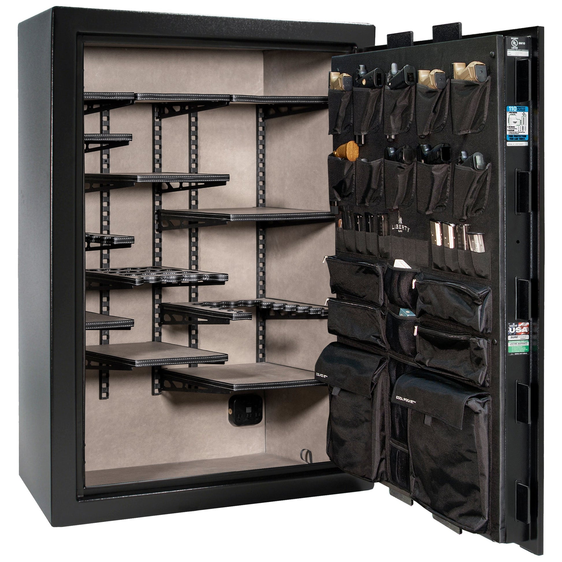 Liberty Safe Franklin 45 Widebody in Textured Black  — interior with ProFlex shelving system.