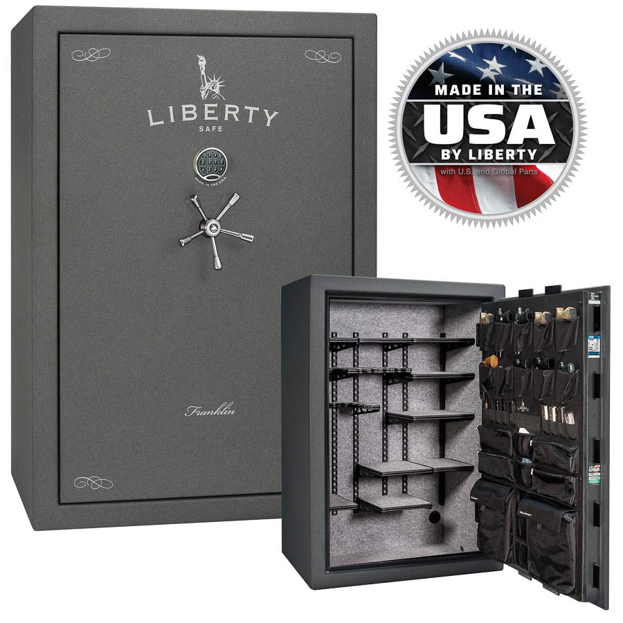 Liberty Safe Franklin 45 Widebody in Textured Granite — stacked exterior and interior views.